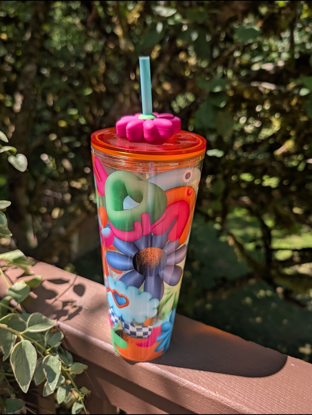 Starbucks Summer 2025 Cold Cup Multicolor Limited Release Pink Flower topper